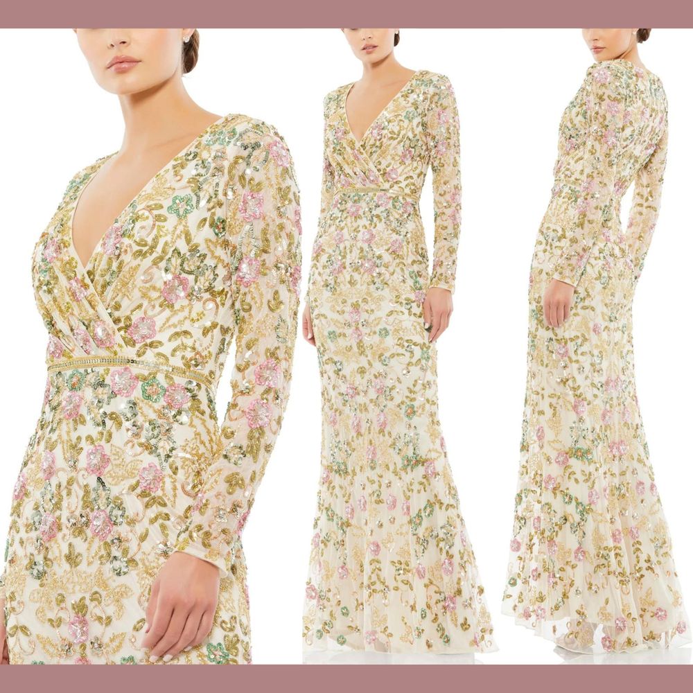 Nwt $698 Mac Duggal [ 6 ] Long Sleeve Floral Embellished Gown Nude Multi #G1656